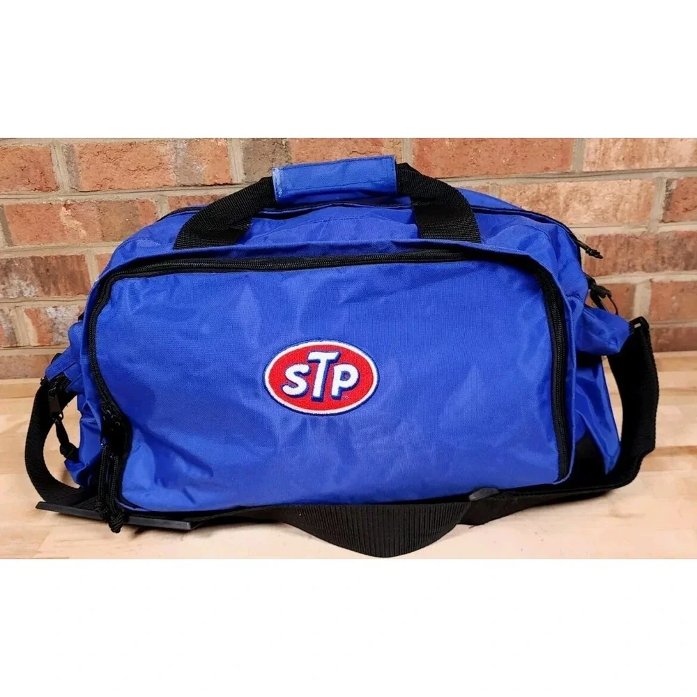 STP Oil Swingster Blue Black Duffle Gear Bag Travel Vintage